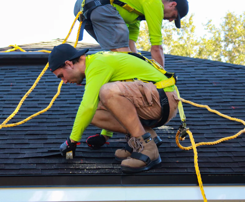 Two roofers in safety harnesses working on a shingle roof